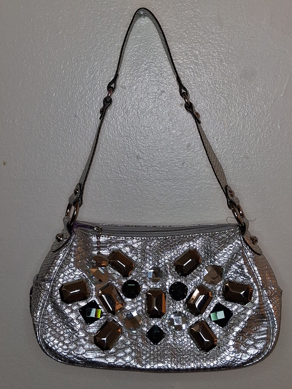 Metallic Silver Shoulder Bag with Faceted Gem Accents